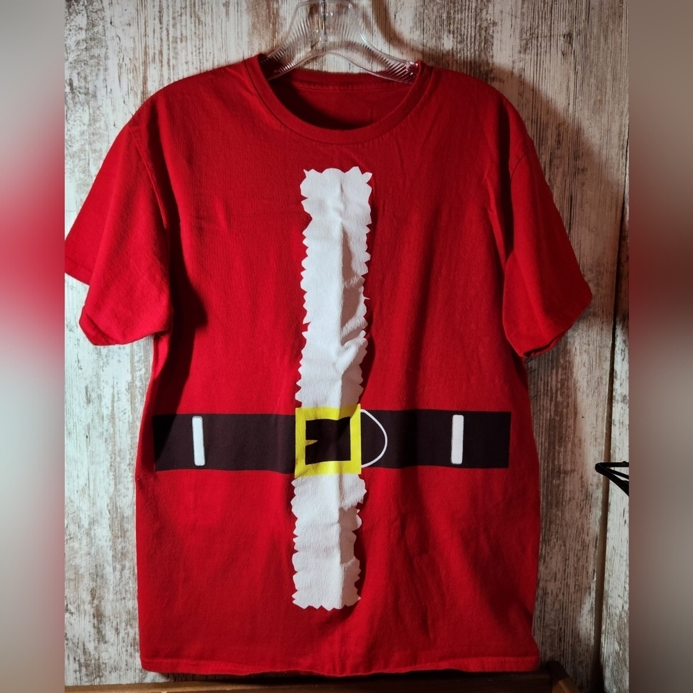 Red Short Sleeve Tee with Santa Claus Christmas Suit Belt Graphic Ho Ho Ho